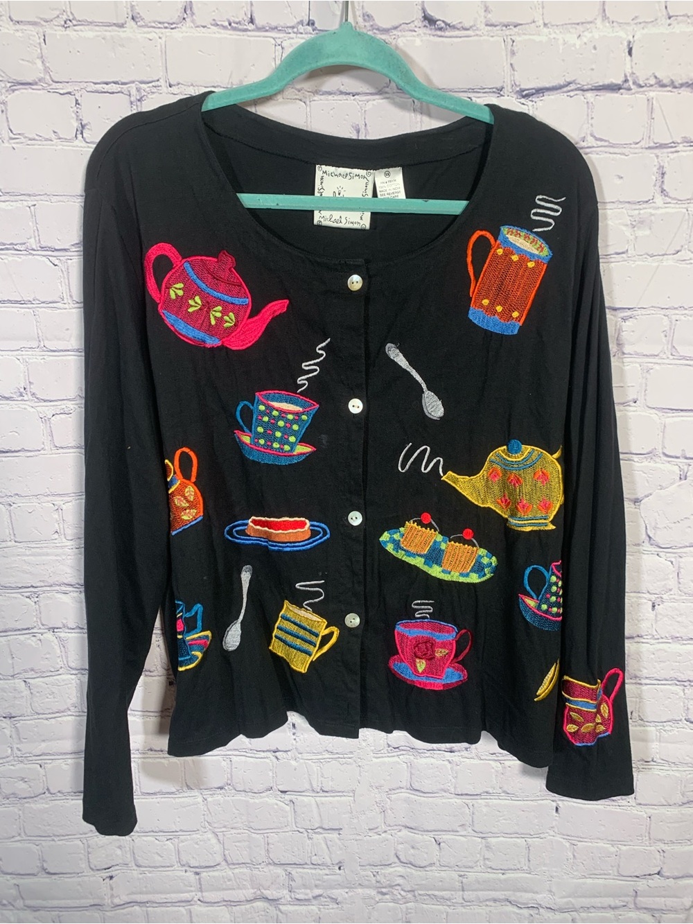 Michael Simon Women VTG Embroidered Teat Pot Cardigan Size 3X Artsy Old Money
